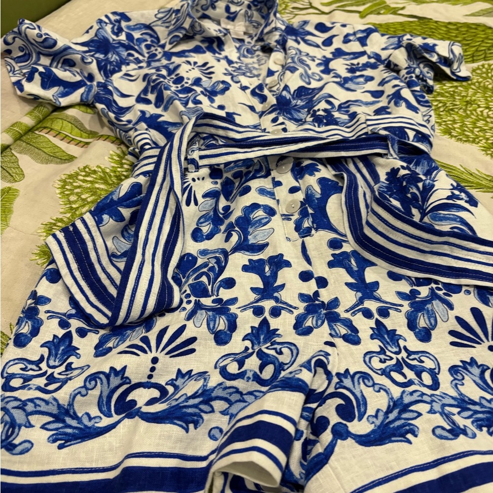 Caroline Constas Blue and White Patterned Romper